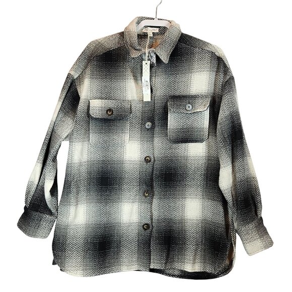 NWT She + Sky Shacket Plaid Womens L Black White herringbone wool gorpcore Boxy - Picture 1 of 11